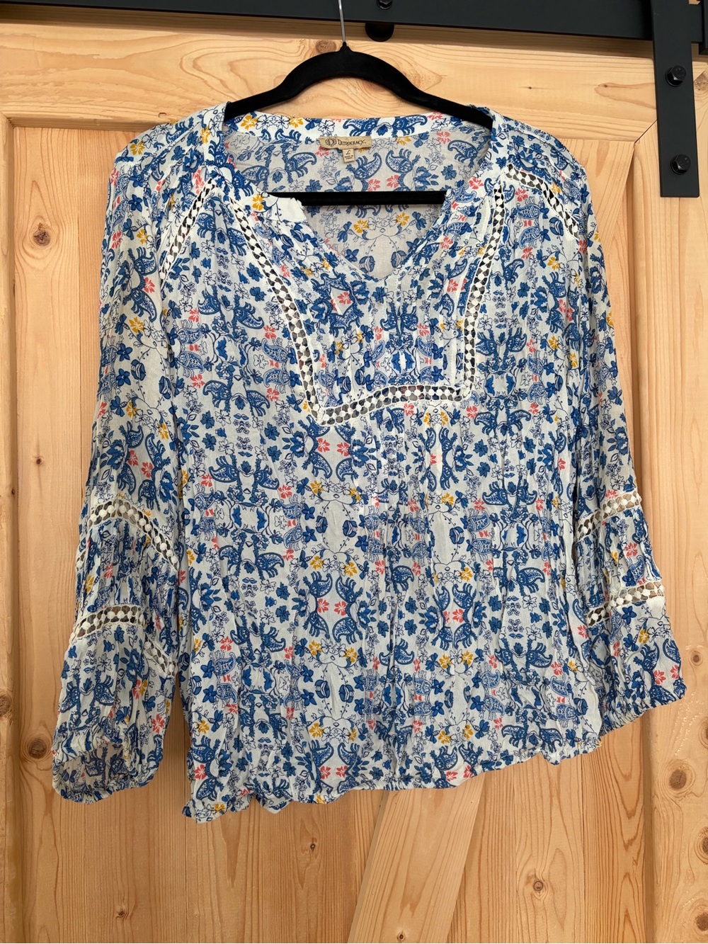Democracy Blue Floral Lace-Trim Peasant Tunic